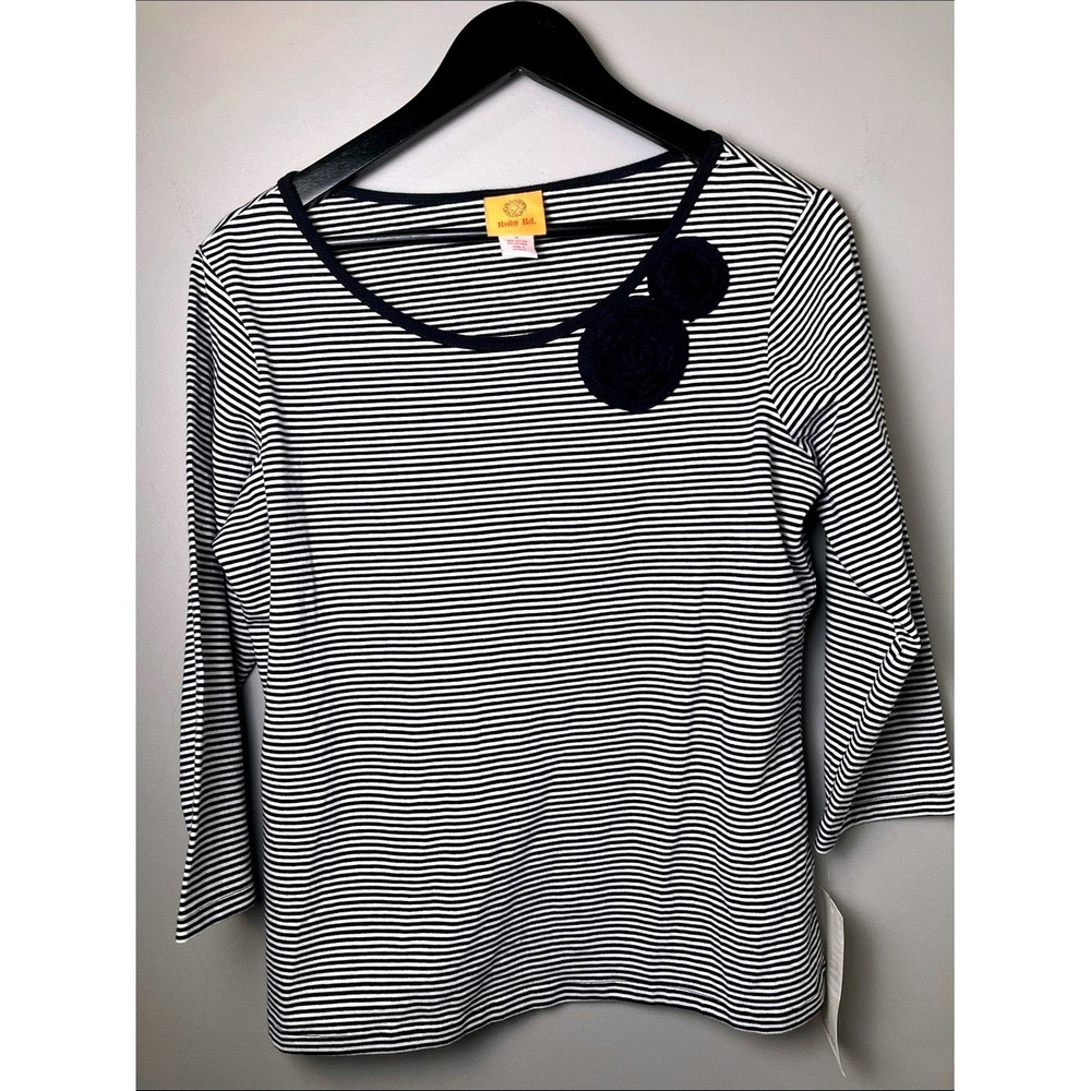 NWT Ruby Rd. Navy Striped 3/4 Sleeve Scoop Neck Top Rosette Accents Size Medium
